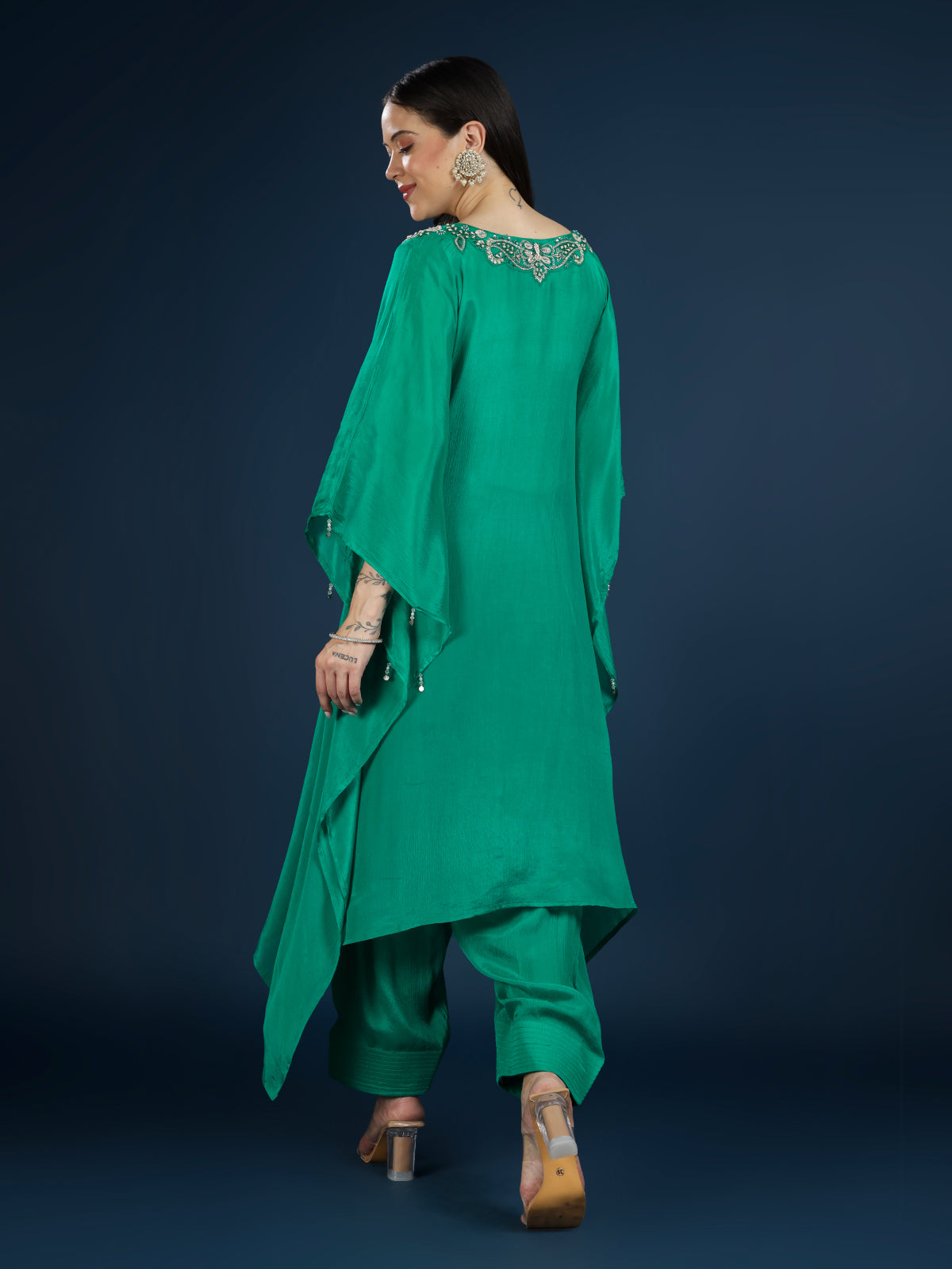 Green Chinon Indo Western with Moti, Cutdana & Sequins Work