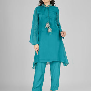 Firozi Organza Indo Western with Cutdana & Sequins Work