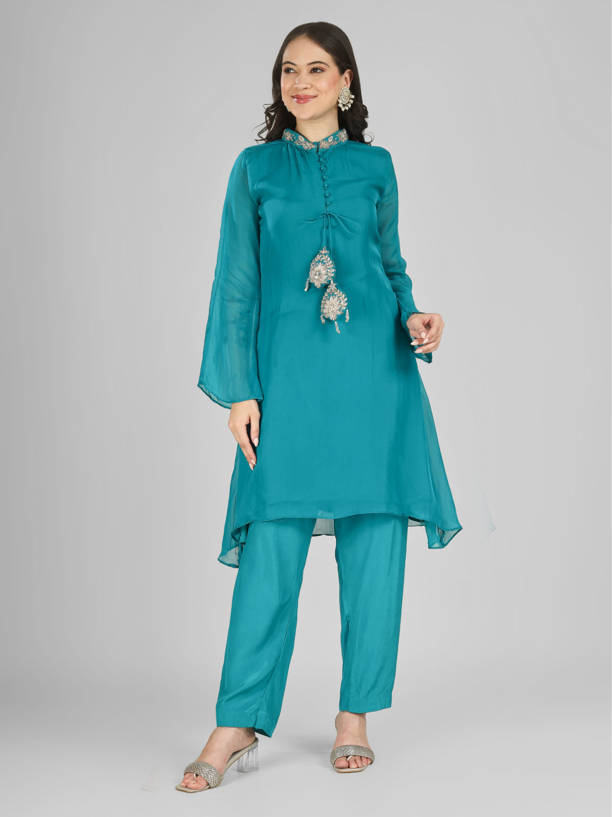 Firozi Organza Indo Western with Cutdana & Sequins Work