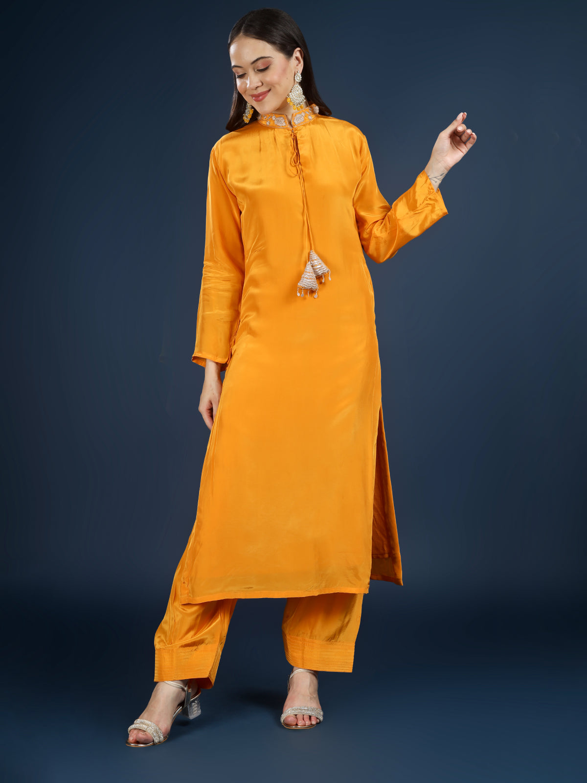 Mustard Crepe Indo Western with Cutdana & Sequins Work