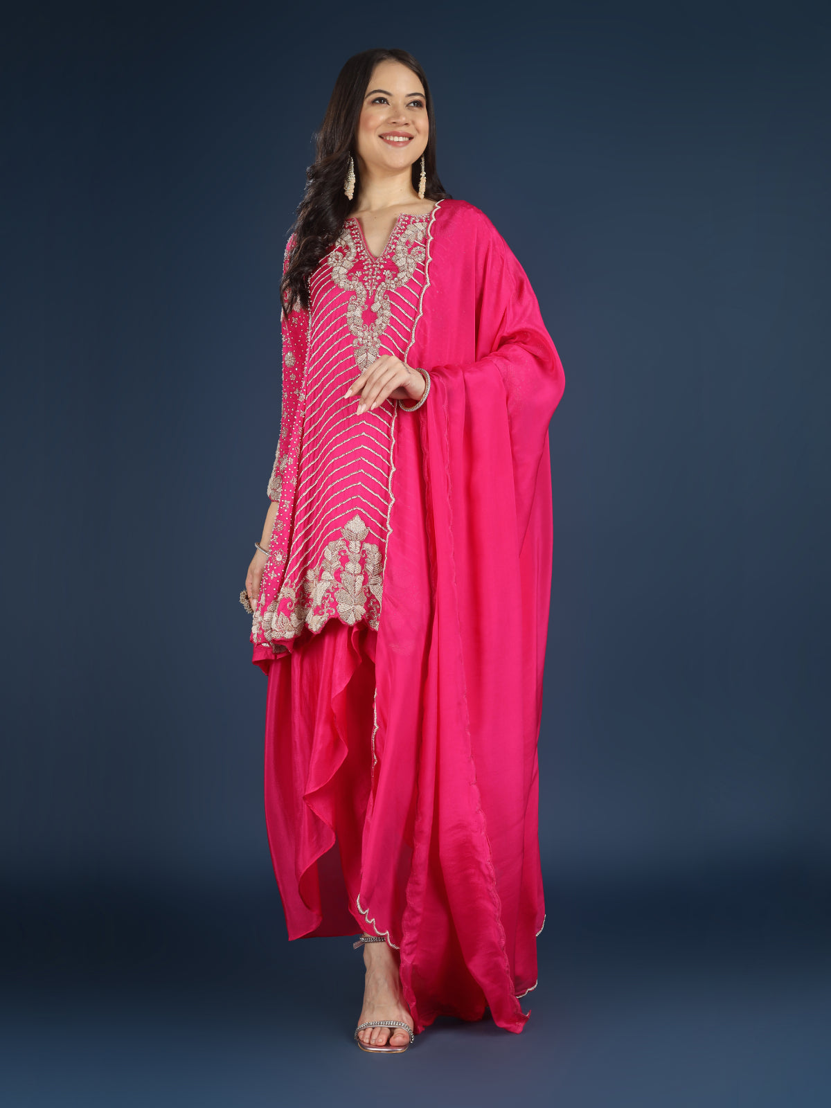 Pink Chinon Indo Western with Cutdana, Sequins and Pearl Embroidery