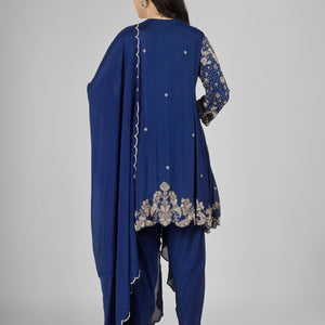 Navy Blue Chinon Indo Western with Cutdana, Sequins and Pearl Embroidery