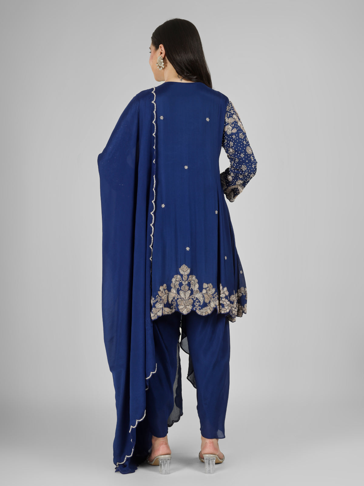 Navy Blue Chinon Indo Western with Cutdana, Sequins and Pearl Embroidery