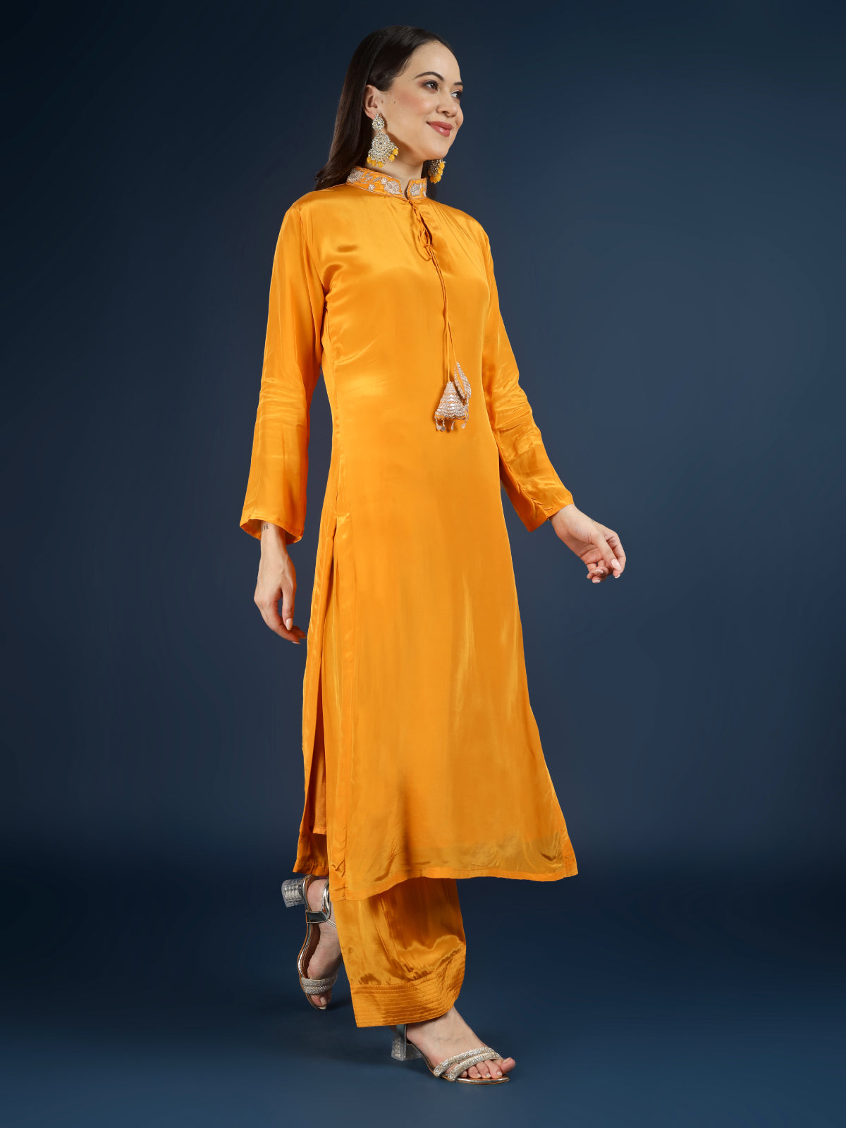 Mustard Crepe Indo Western with Cutdana & Sequins Work