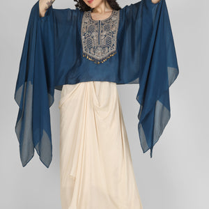 Blue Chinon Indo Western with Cutdana and Sequins Embroidery