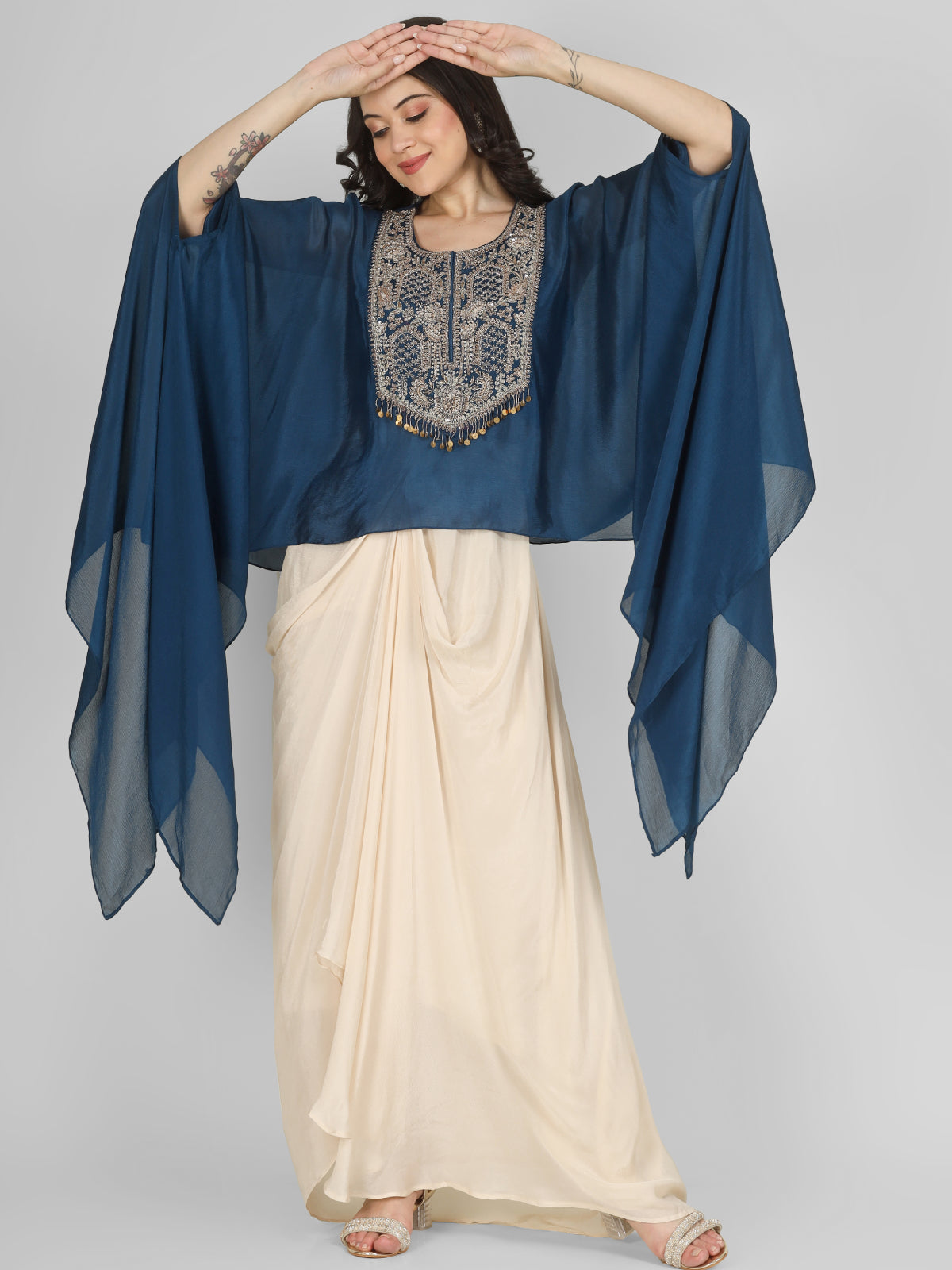 Blue Chinon Indo Western with Cutdana and Sequins Embroidery