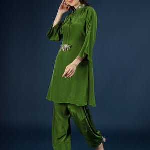 Green Crepe Indo Western with Cutdana & Sequins Work