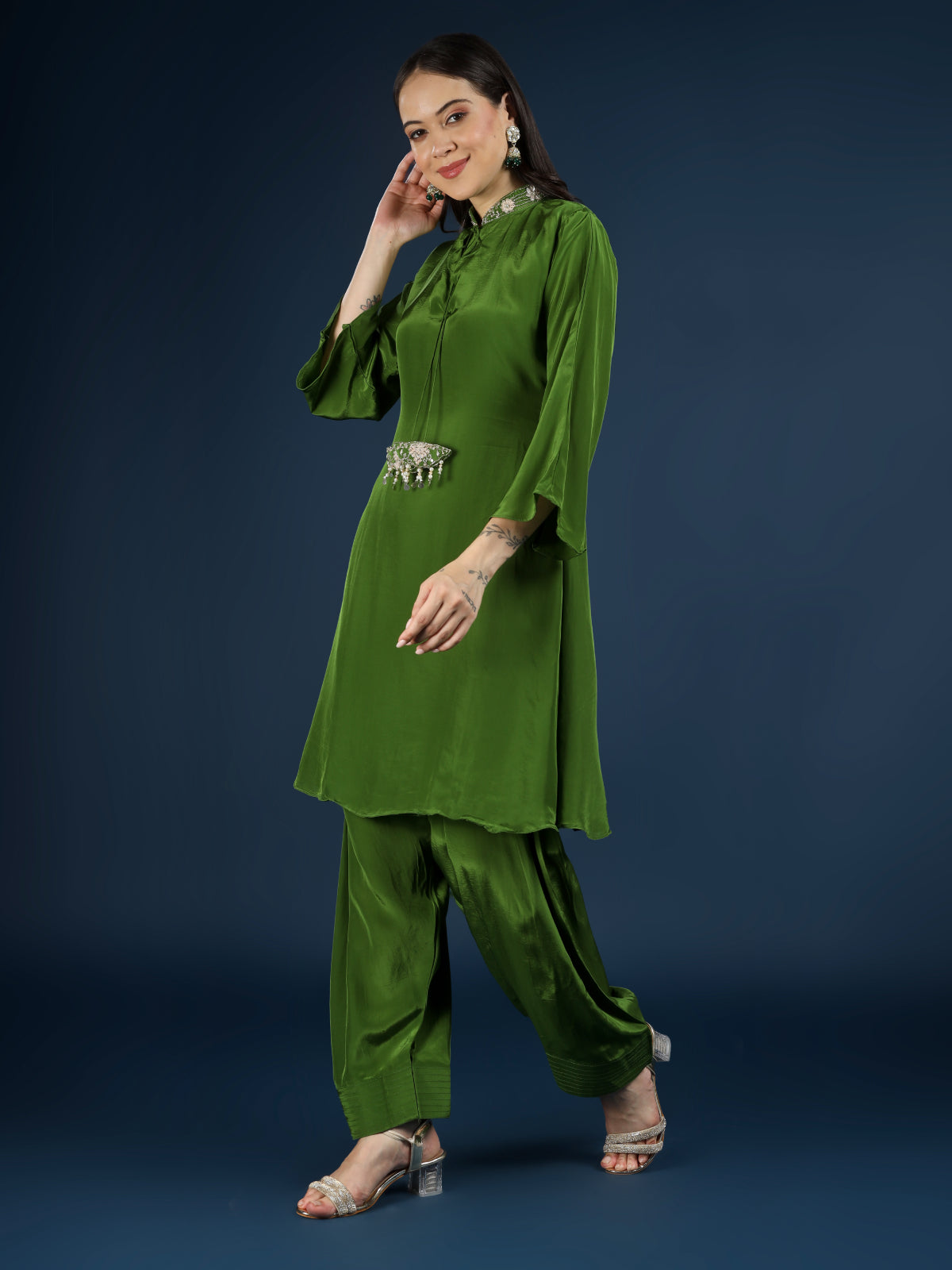 Green Crepe Indo Western with Cutdana & Sequins Work