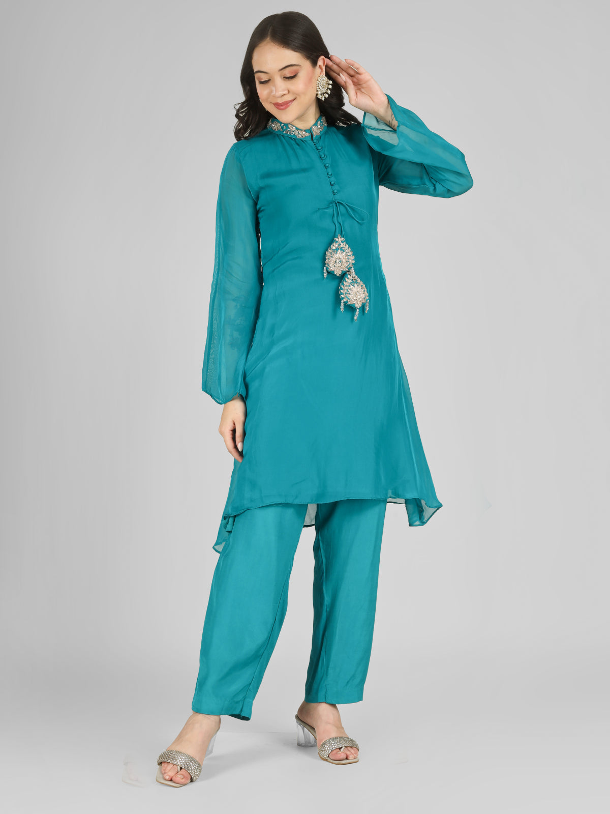 Firozi Organza Indo Western with Cutdana & Sequins Work