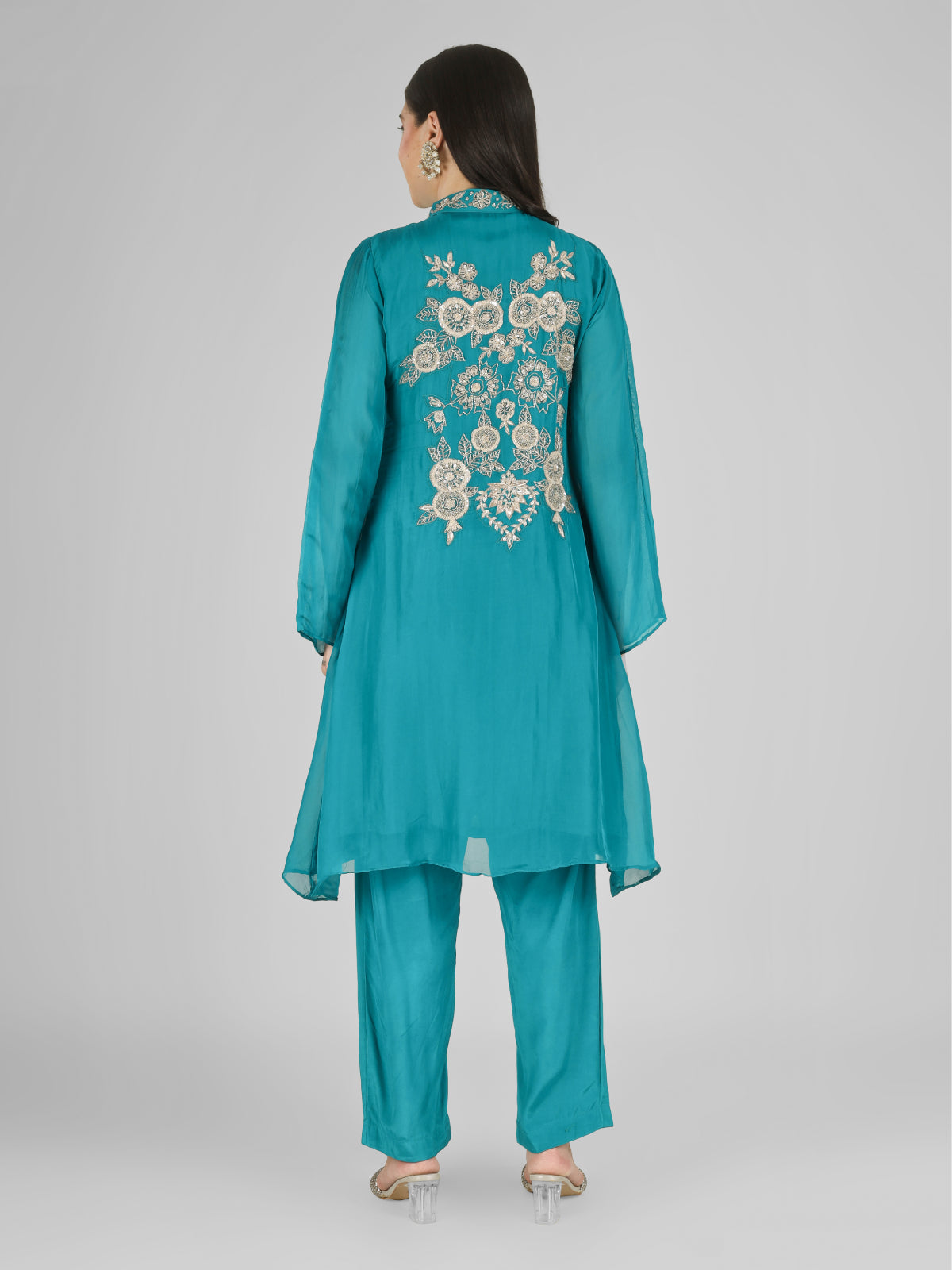 Firozi Organza Indo Western with Cutdana & Sequins Work