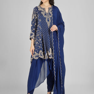 Navy Blue Chinon Indo Western with Cutdana, Sequins and Pearl Embroidery