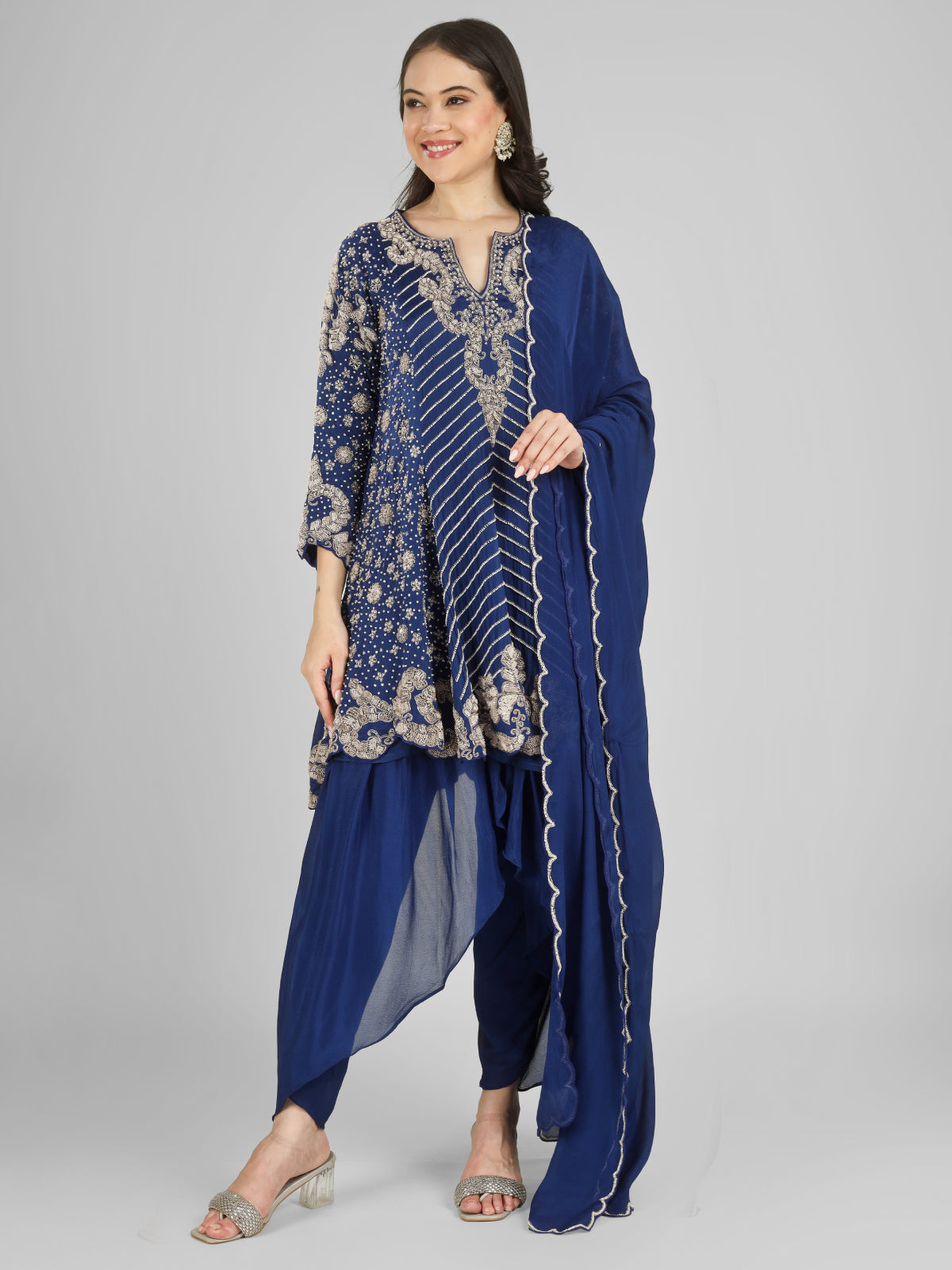 Navy Blue Chinon Indo Western with Cutdana, Sequins and Pearl Embroidery