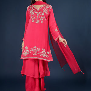 Red Chinon Palazzo Suit Set with Cutdana and Sequins Embroidery