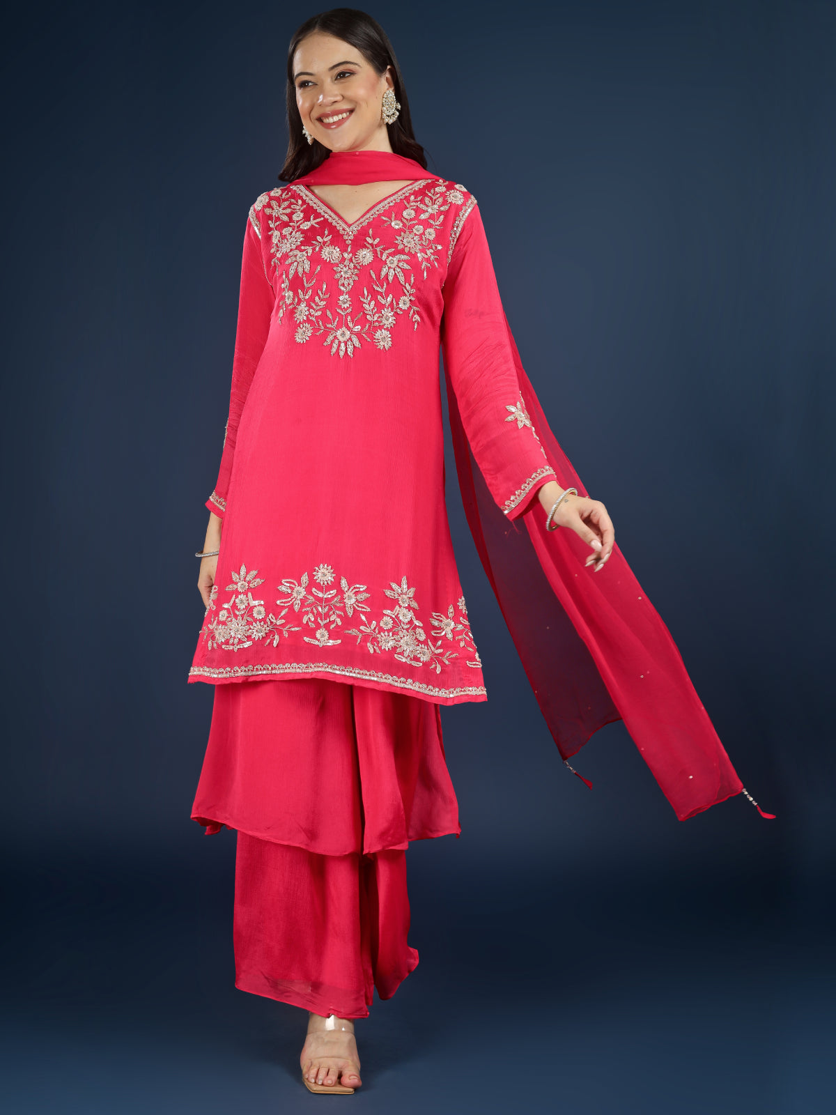 Red Chinon Palazzo Suit Set with Cutdana and Sequins Embroidery