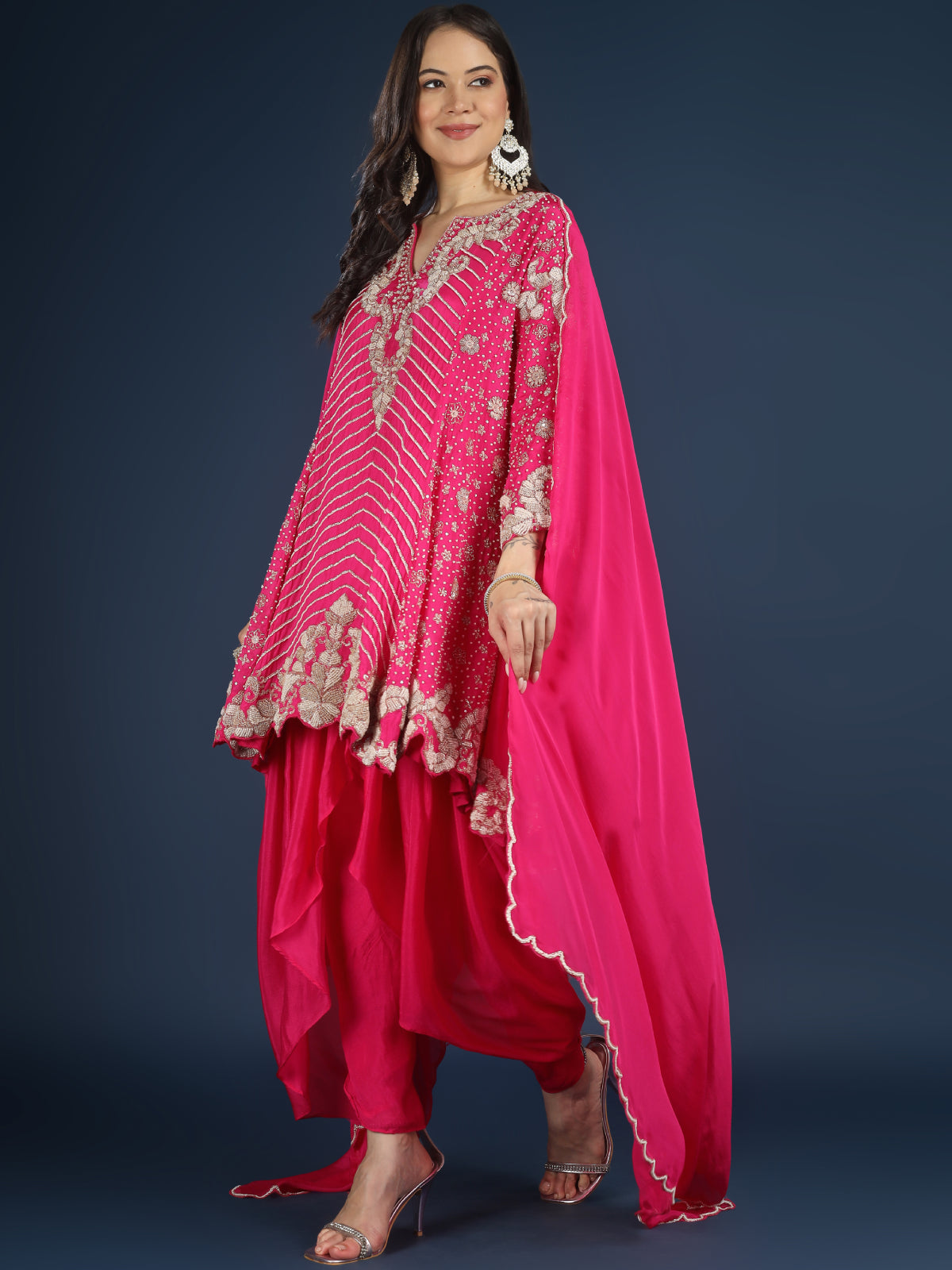 Pink Chinon Indo Western with Cutdana, Sequins and Pearl Embroidery