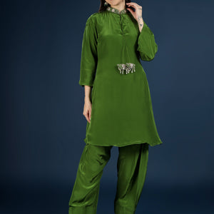 Green Crepe Indo Western with Cutdana & Sequins Work