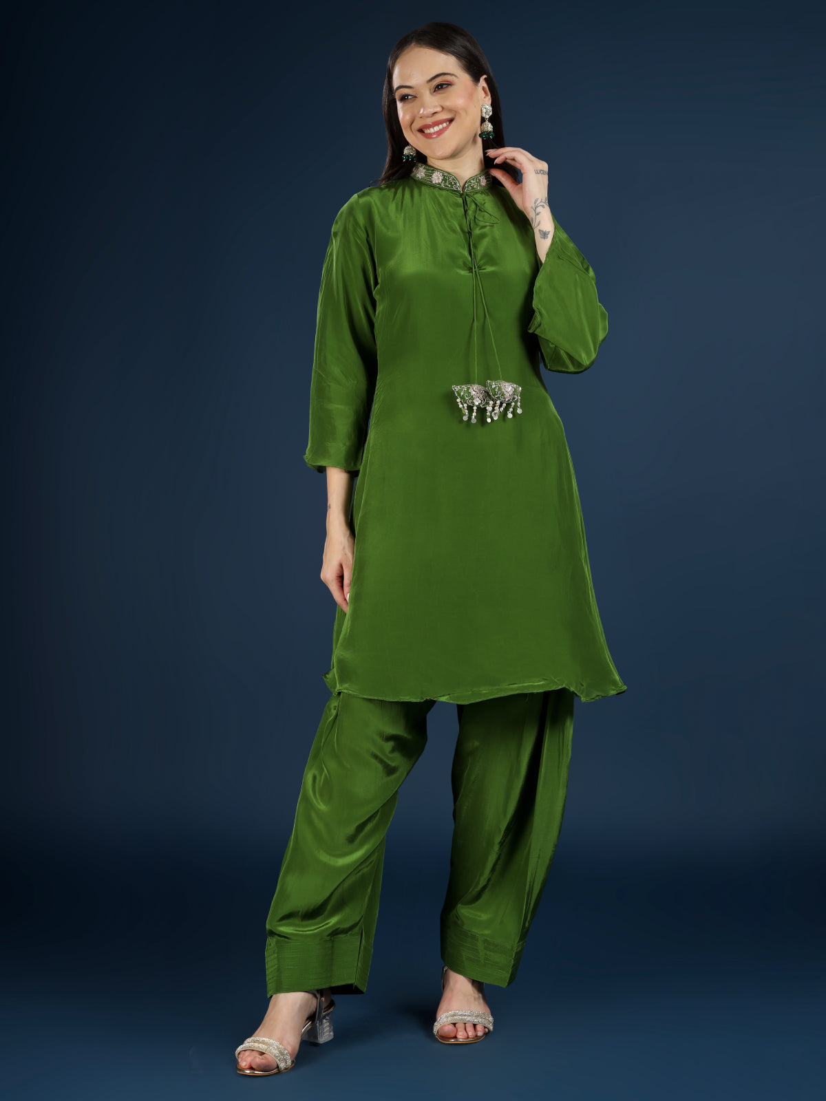Green Crepe Indo Western with Cutdana & Sequins Work