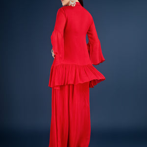 Red Chinon Peplum Suit Set with Cutdana, Sequins and Pearl Embroidery