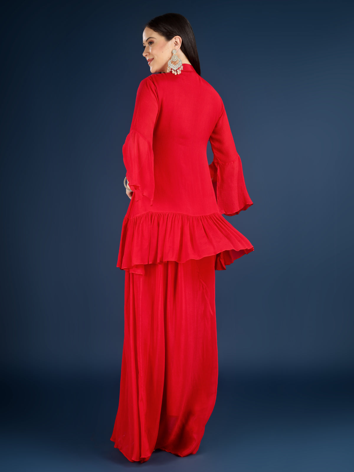 Red Chinon Peplum Suit Set with Cutdana, Sequins and Pearl Embroidery