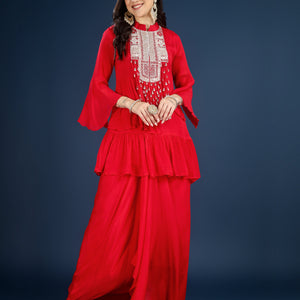 Red Chinon Peplum Suit Set with Cutdana, Sequins and Pearl Embroidery