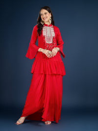 Red Chinon Peplum Suit Set with Cutdana, Sequins and Pearl Embroidery