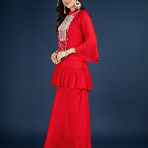 Red Chinon Peplum Suit Set with Cutdana, Sequins and Pearl Embroidery