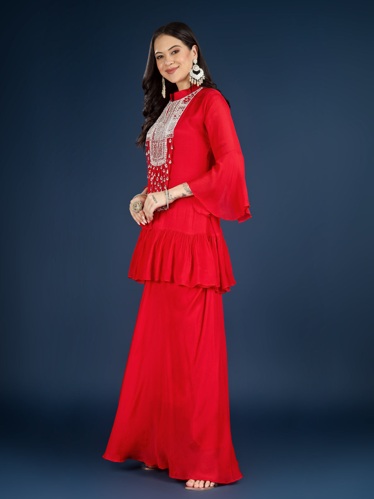 Red Chinon Peplum Suit Set with Cutdana, Sequins and Pearl Embroidery