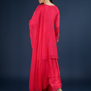 Red Chinon Palazzo Suit Set with Cutdana and Sequins Embroidery