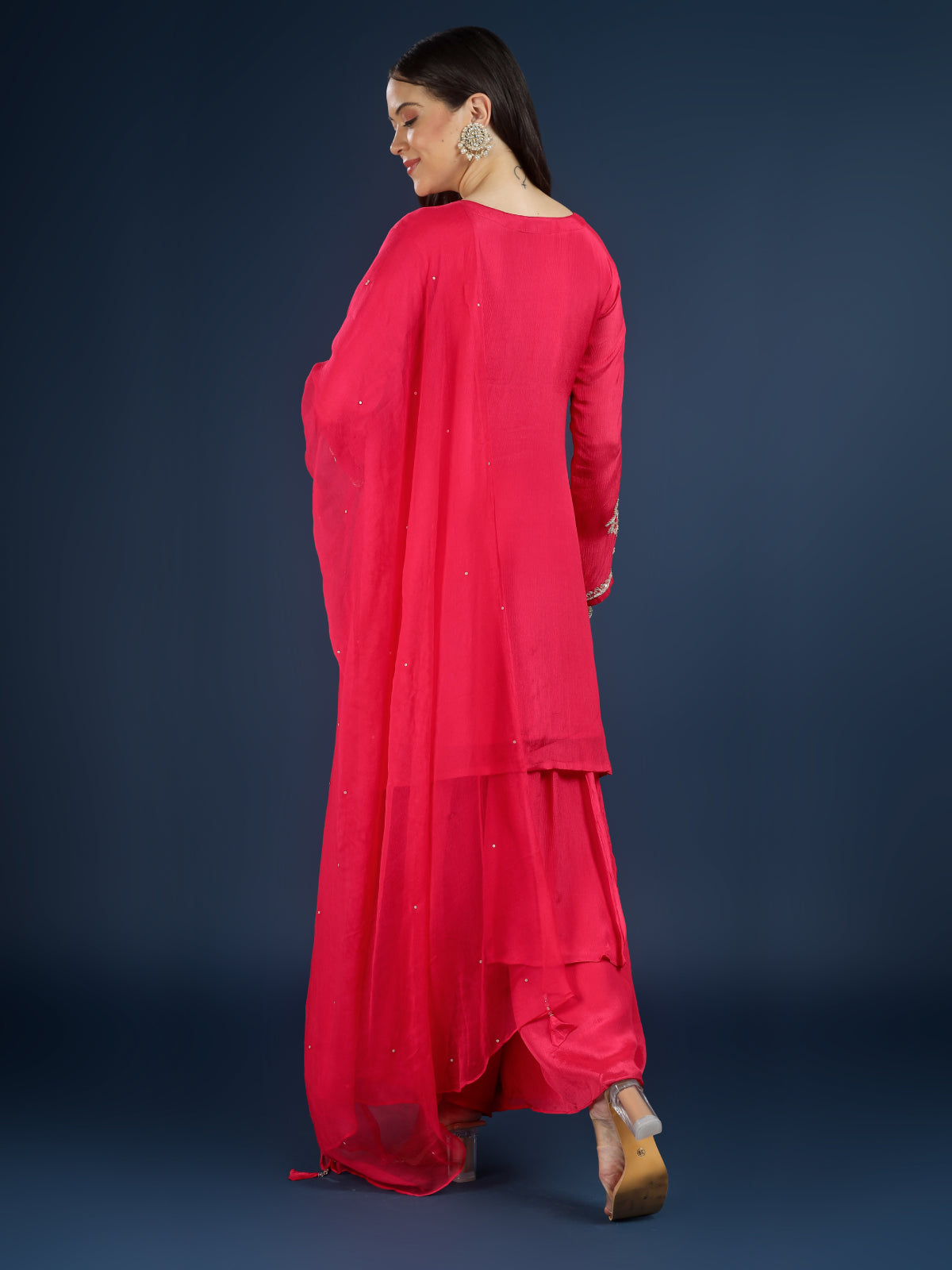 Red Chinon Palazzo Suit Set with Cutdana and Sequins Embroidery