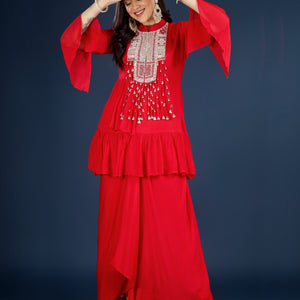 Red Chinon Peplum Suit Set with Cutdana, Sequins and Pearl Embroidery