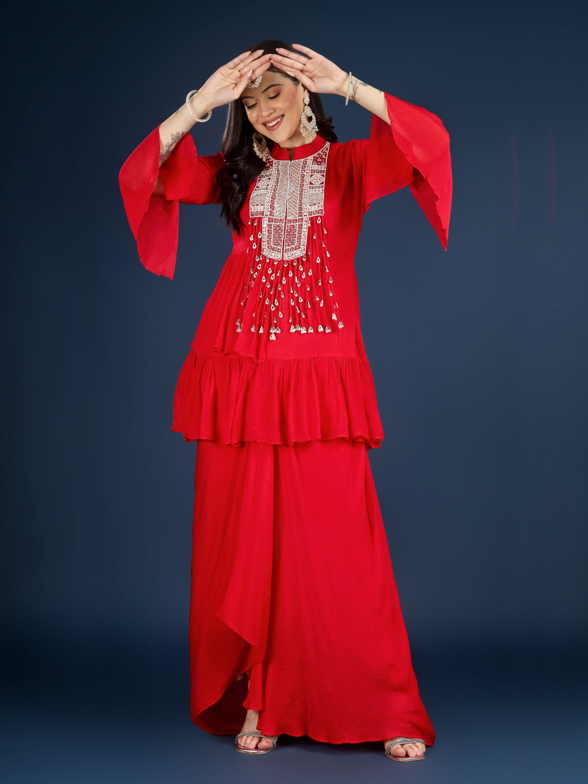 Red Chinon Peplum Suit Set with Cutdana, Sequins and Pearl Embroidery