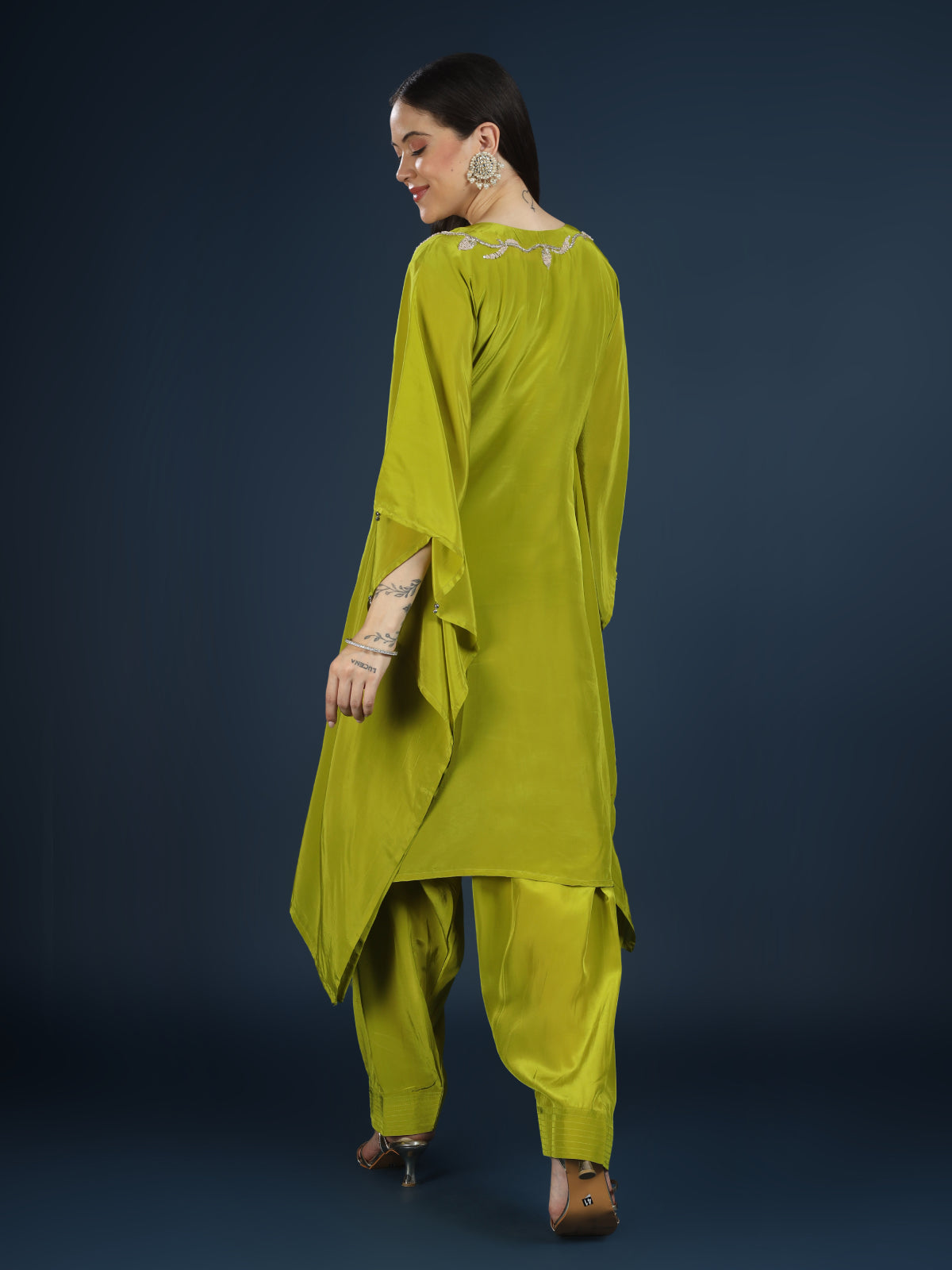 Green Crepe Indo Western with Cutdana, Sequins and Pearl Embroidery