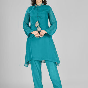 Firozi Organza Indo Western with Cutdana & Sequins Work