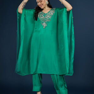 Green Chinon Indo Western with Moti, Cutdana & Sequins Work