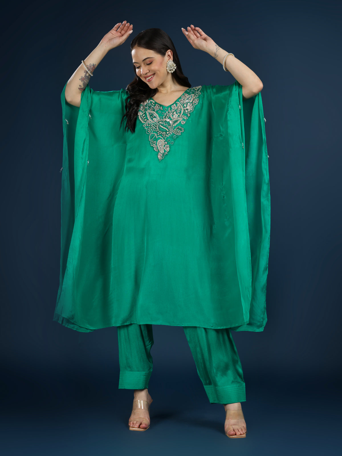 Green Chinon Indo Western with Moti, Cutdana & Sequins Work