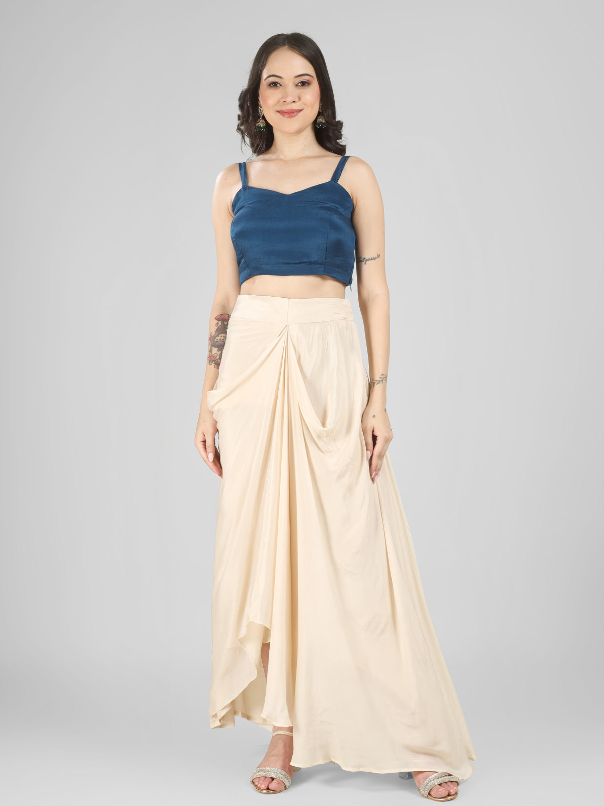 Blue Chinon Indo Western with Cutdana and Sequins Embroidery