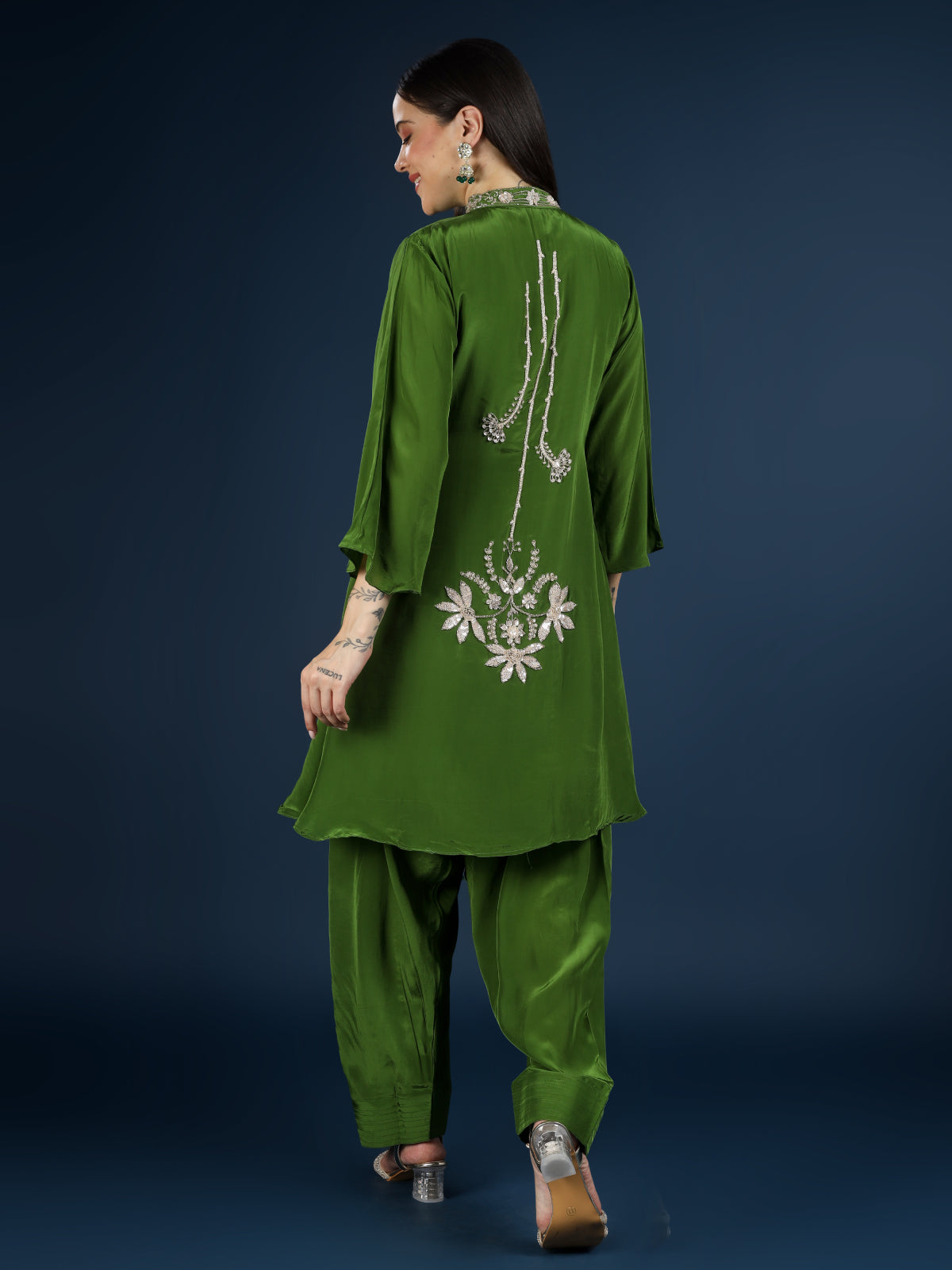 Green Crepe Indo Western with Cutdana & Sequins Work