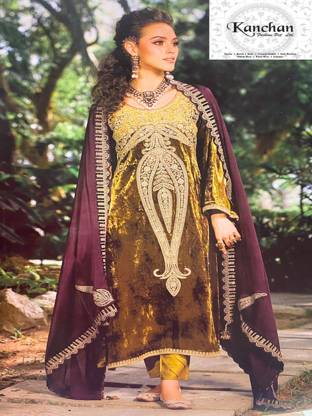 Olive Velvet Unstitched Suit with Zari and thread Embroidery