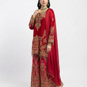 Red Chinon Palazzo Suit Set with Cutdana and Stone Embroidery