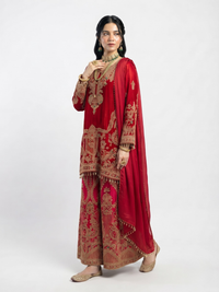 Red Chinon Palazzo Suit Set with Cutdana and Stone Embroidery