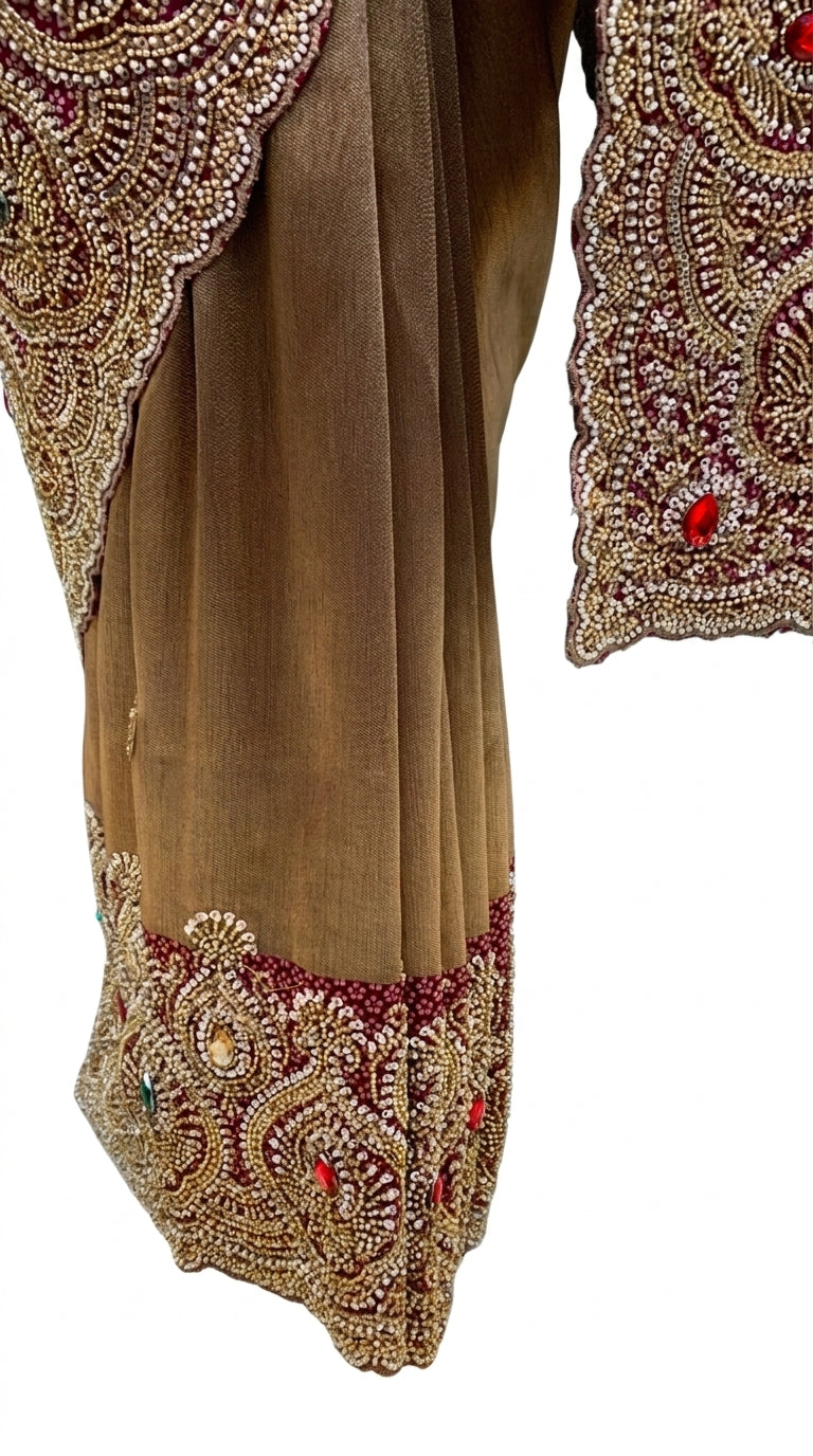Beautiful Coffee Banarasi Saree Embellished With Sequins & Cut Dana Work