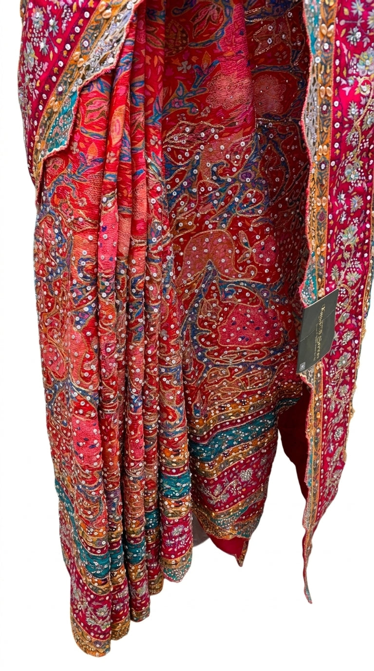 Multicolour Chinon Saree Embellished With Chandala & Zari Work