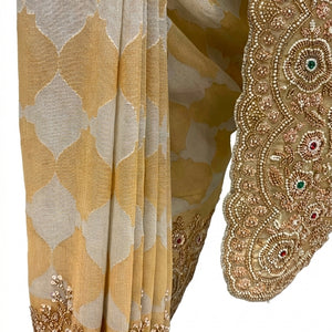 Ivory Golden Tissue Saree Embellished With Sequins & Moti Work