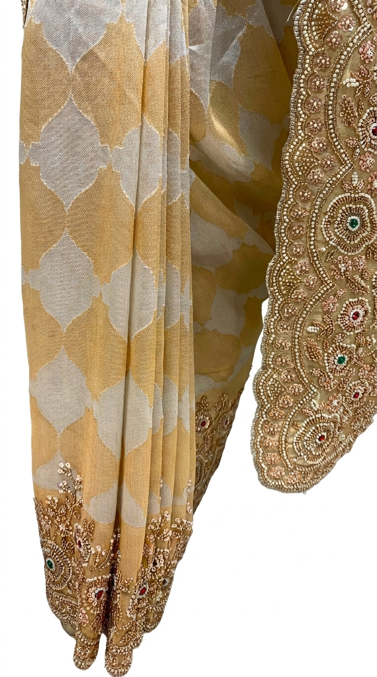 Ivory Golden Tissue Saree Embellished With Sequins & Moti Work