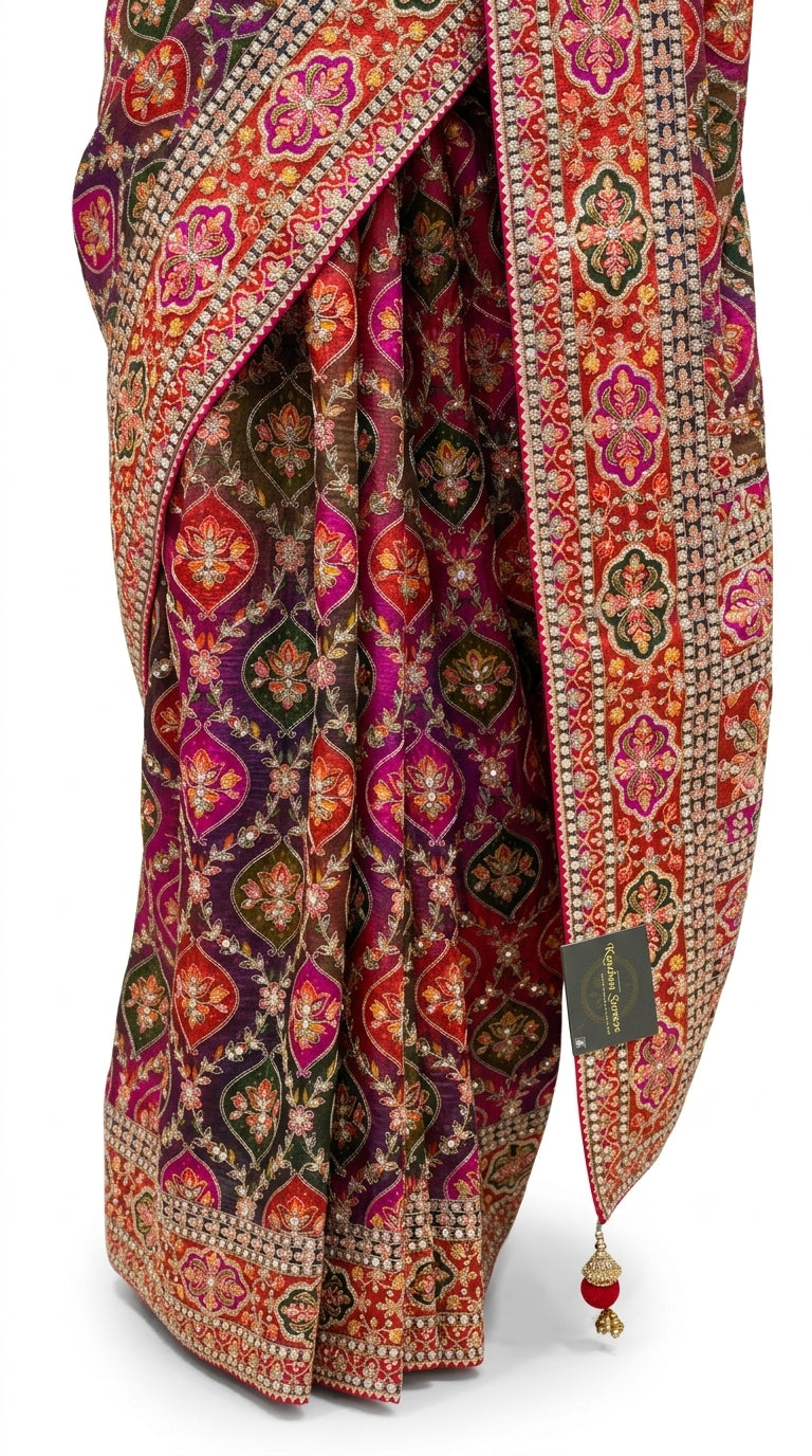 Rani Silk Saree Embellished With Sequins & Zari Work