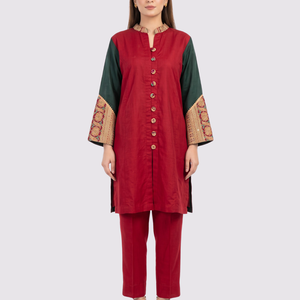 Red Linen Indo Western with Zari Embroidery 2