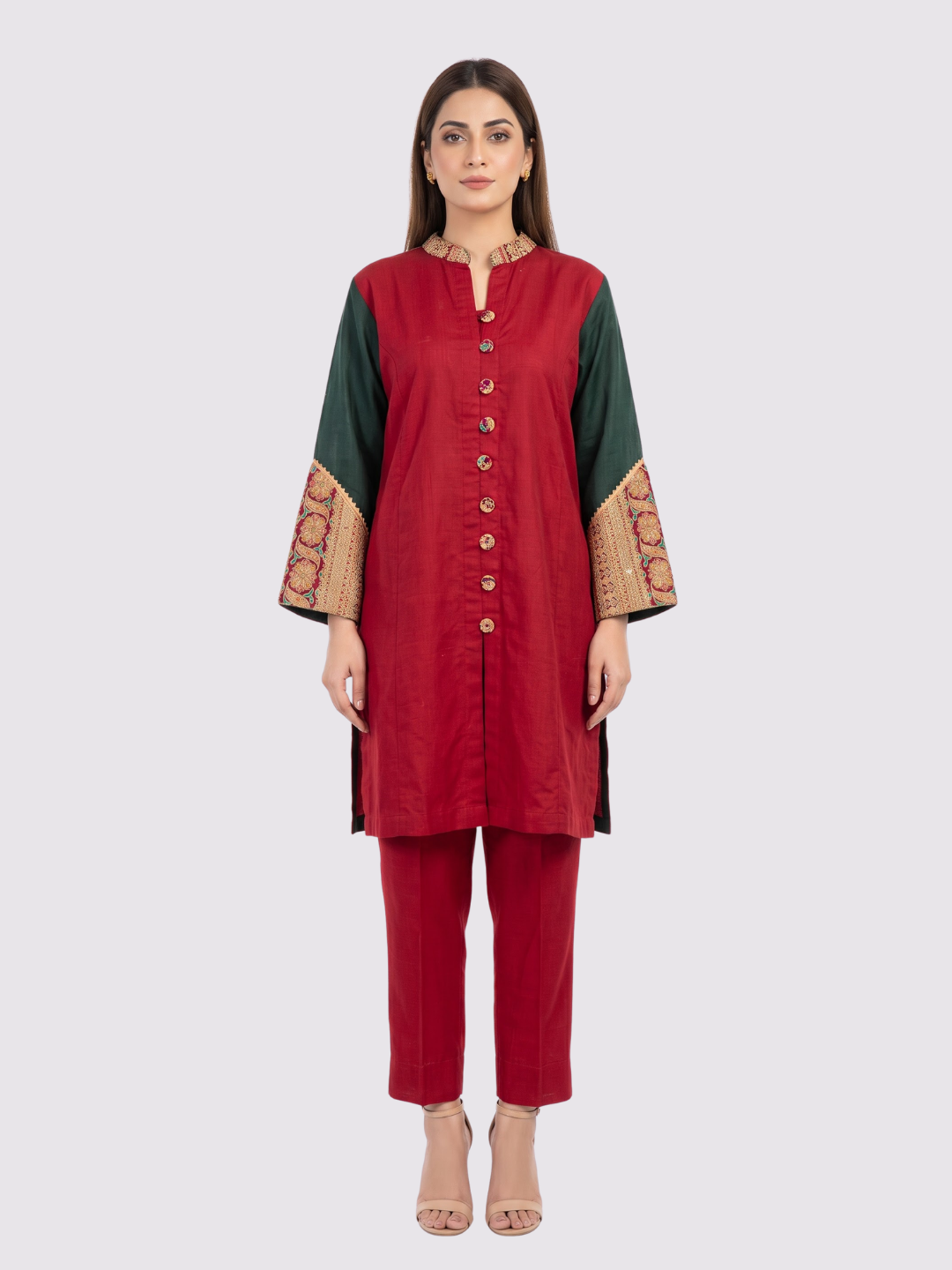 Red Linen Indo Western with Zari Embroidery 2
