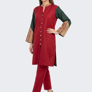 Red Linen Indo Western with Zari Embroidery 1