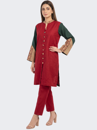 Red Linen Indo Western with Zari Embroidery