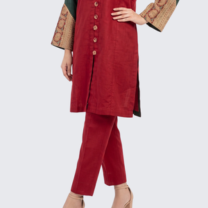 Red Linen Indo Western with Zari Embroidery 5